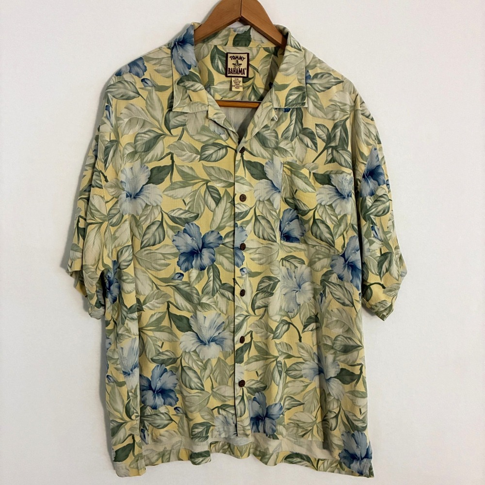 Tommy Bahama Silk‎ Hawaiian Shirt Mens XXL Tropical Floral Loop Collar Travel